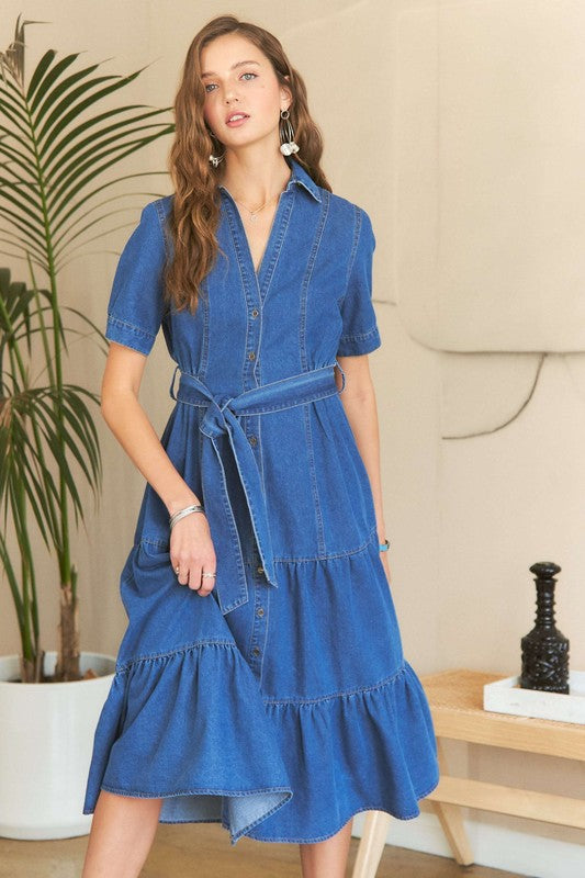 ADORA Cotton Tiered Button Down Tie Waist Short Sleeve Denim Dress