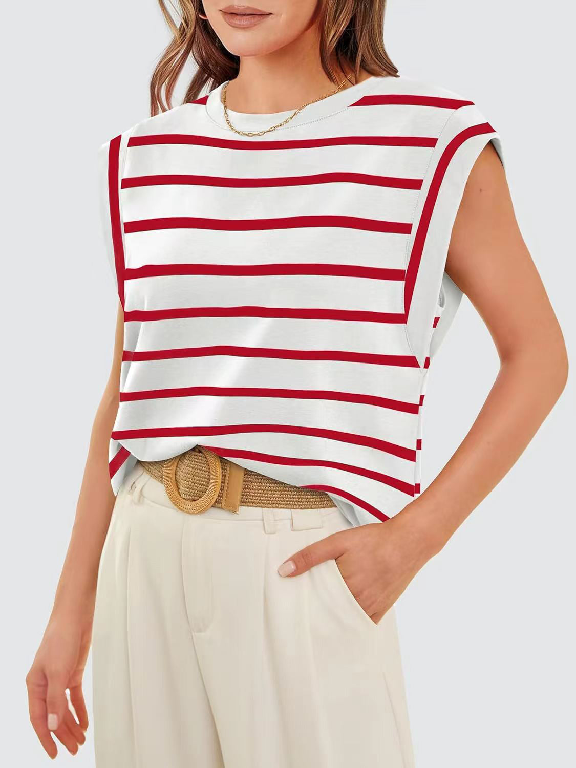 Striped Round Neck Cap Sleeve Nautical Feel Vacation Summer T-Shirt Many Color Options