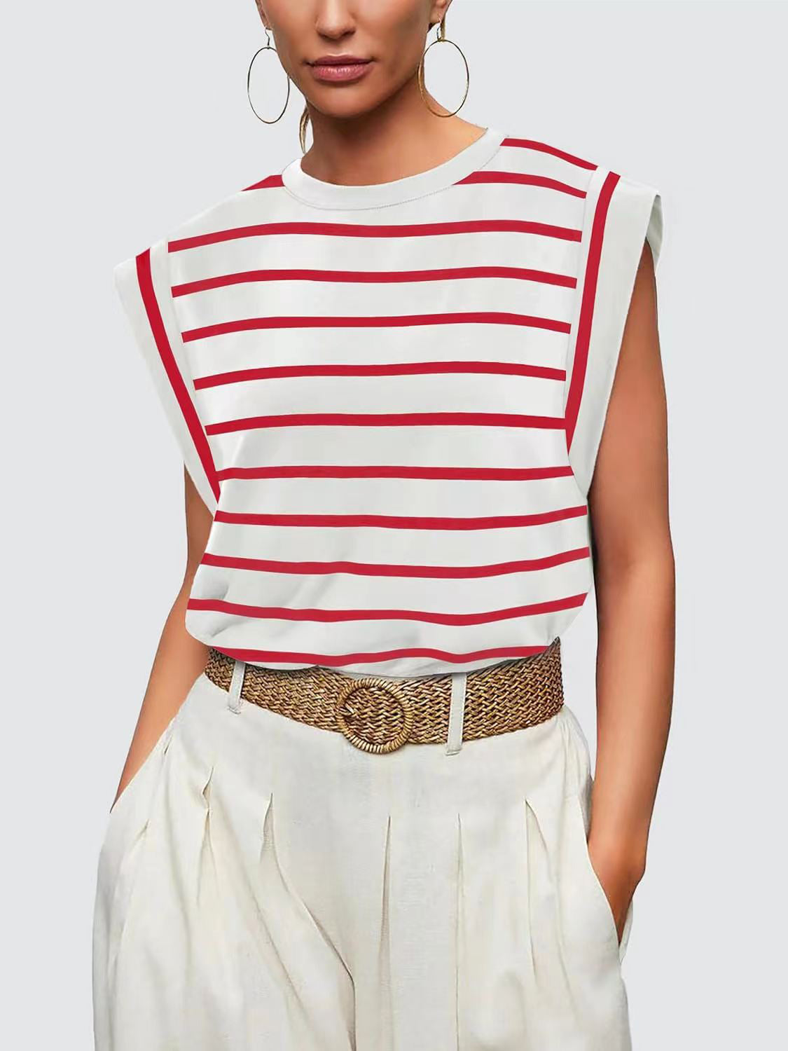 Striped Round Neck Cap Sleeve Nautical Feel Vacation Summer T-Shirt Many Color Options