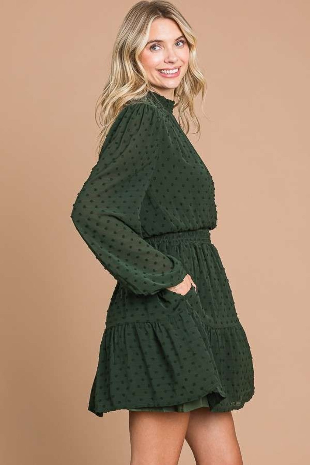 Culture Code Swiss Dot Smock Neck Mini Dress with Pockets in Dark Green