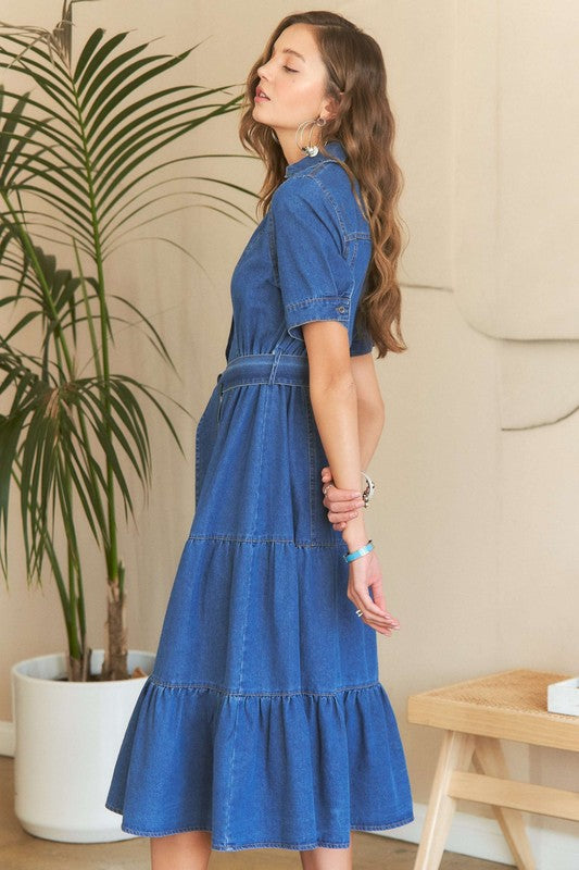 ADORA Cotton Tiered Button Down Tie Waist Short Sleeve Denim Dress