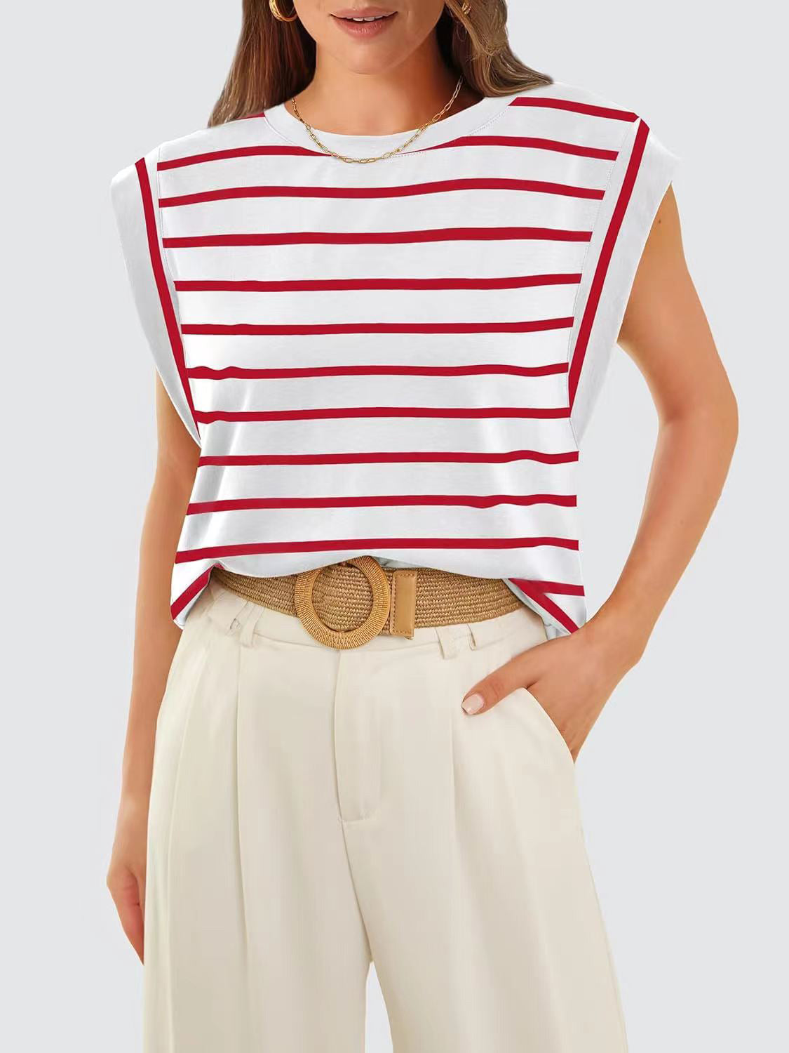 Striped Round Neck Cap Sleeve Nautical Feel Vacation Summer T-Shirt Many Color Options
