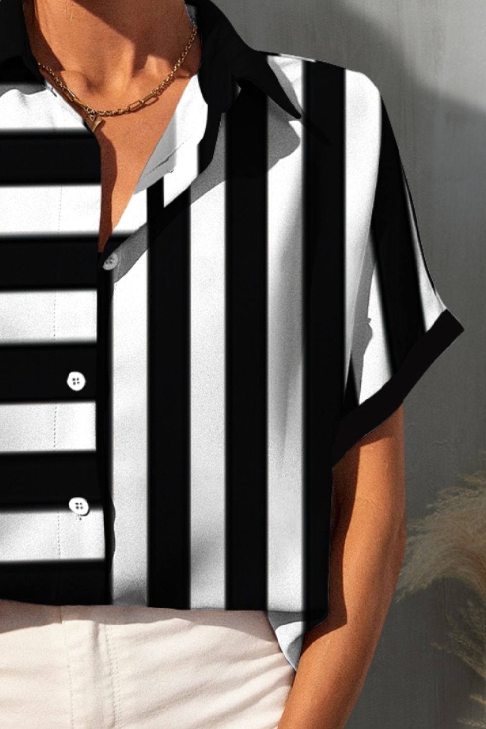 Striped Contrasting Button Up Cap Sleeve Button Down Shirt