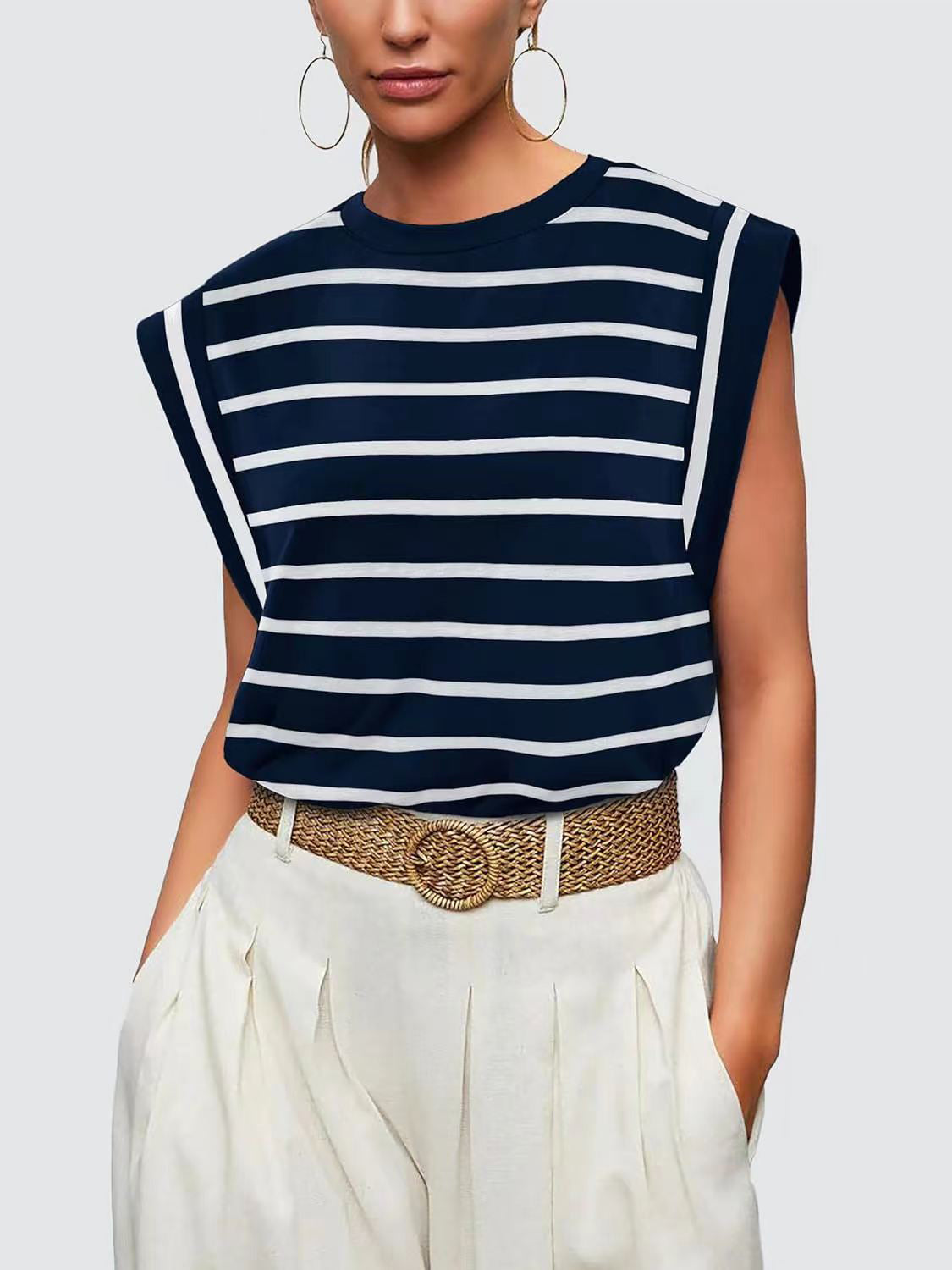 Striped Round Neck Cap Sleeve Nautical Feel Vacation Summer T-Shirt Many Color Options