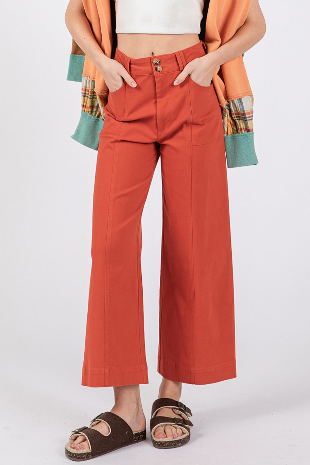 SAGE + FIG Wide Leg Cropped Pants in Cinnamon