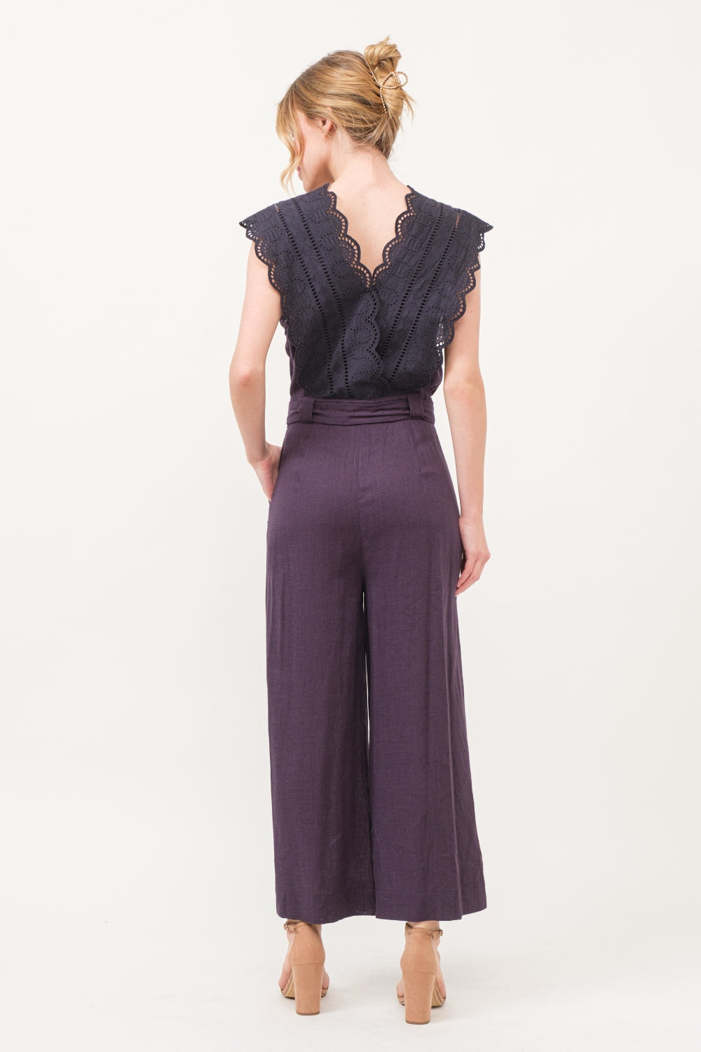 And The Why Laced Surplice V-Neck, Tie Waist Jumpsuit in Deep Purple
