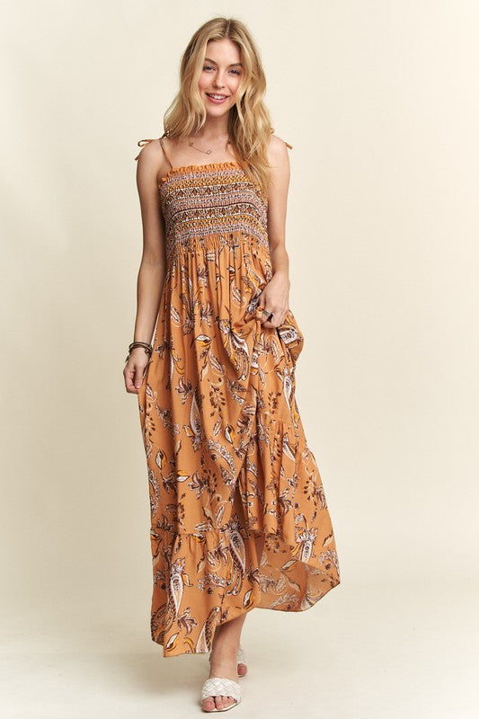 ADORA Smocked Printed Square Neck Tie Shoulder Cami Maxi Dress