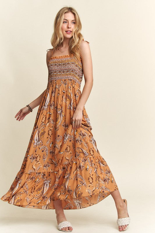 ADORA Smocked Printed Square Neck Tie Shoulder Cami Maxi Dress