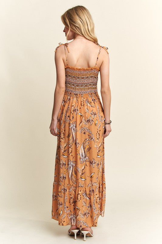 ADORA Smocked Printed Square Neck Tie Shoulder Cami Maxi Dress