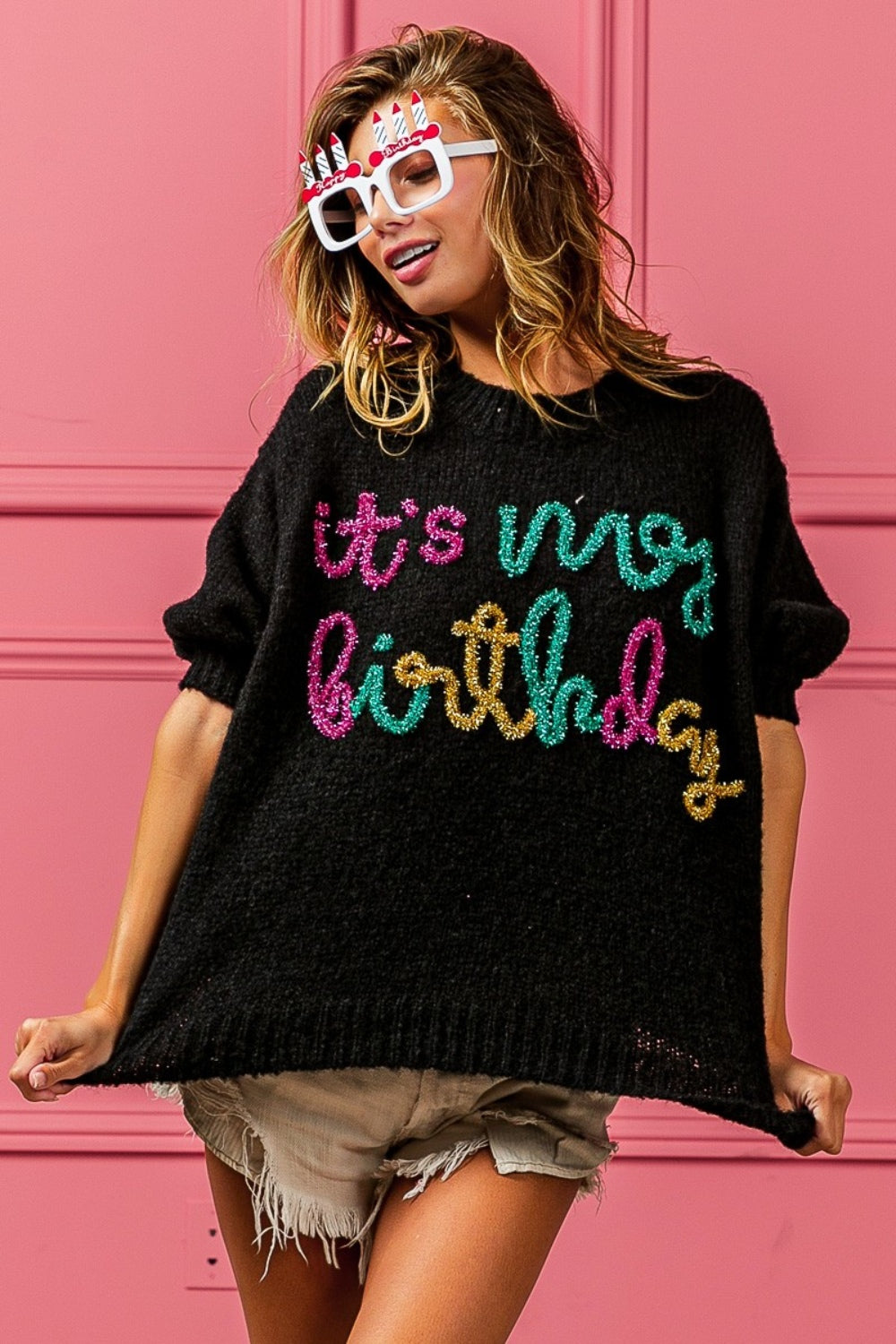 BiBi It’s My Birthday!Metallic Letter Puff Sleeve Sweater