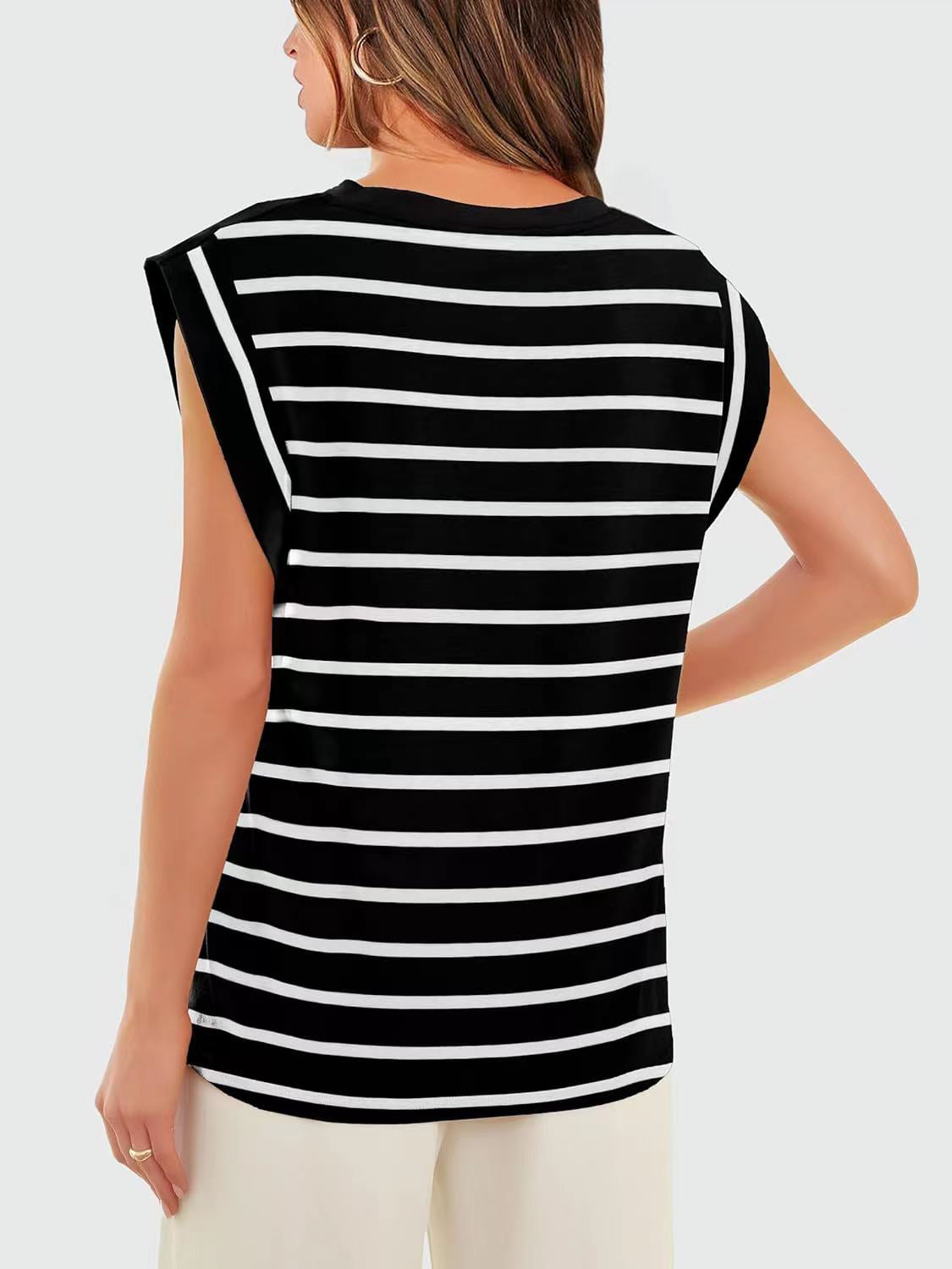 Striped Round Neck Cap Sleeve Nautical Feel Vacation Summer T-Shirt Many Color Options