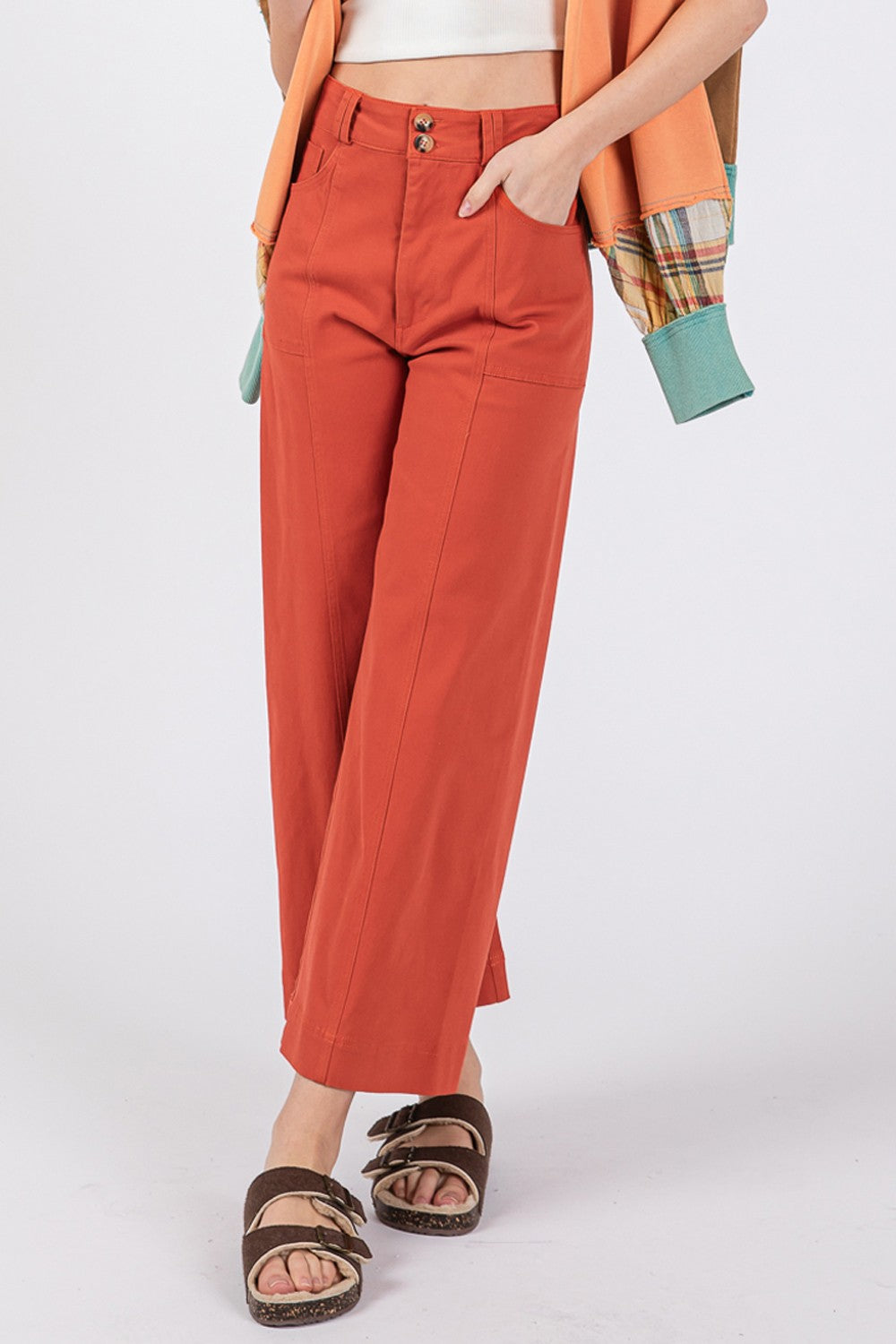 SAGE + FIG Wide Leg Cropped Pants in Cinnamon