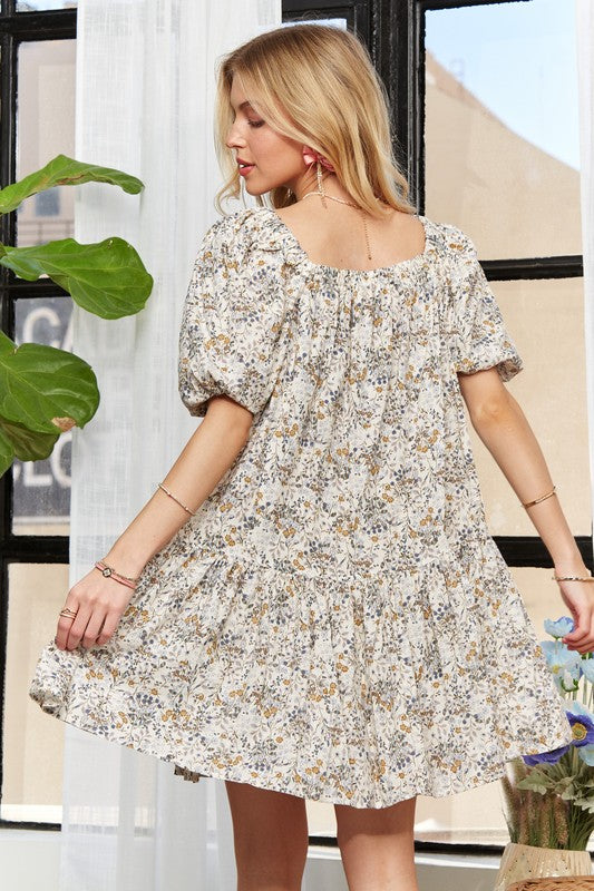ADORA Cotton Floral Square Neck Puff Sleeve Dress