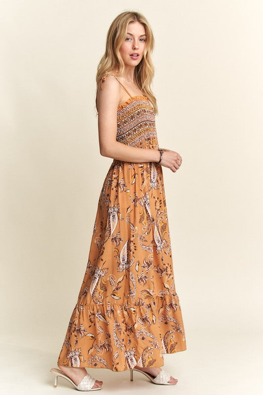 ADORA Smocked Printed Square Neck Tie Shoulder Cami Maxi Dress