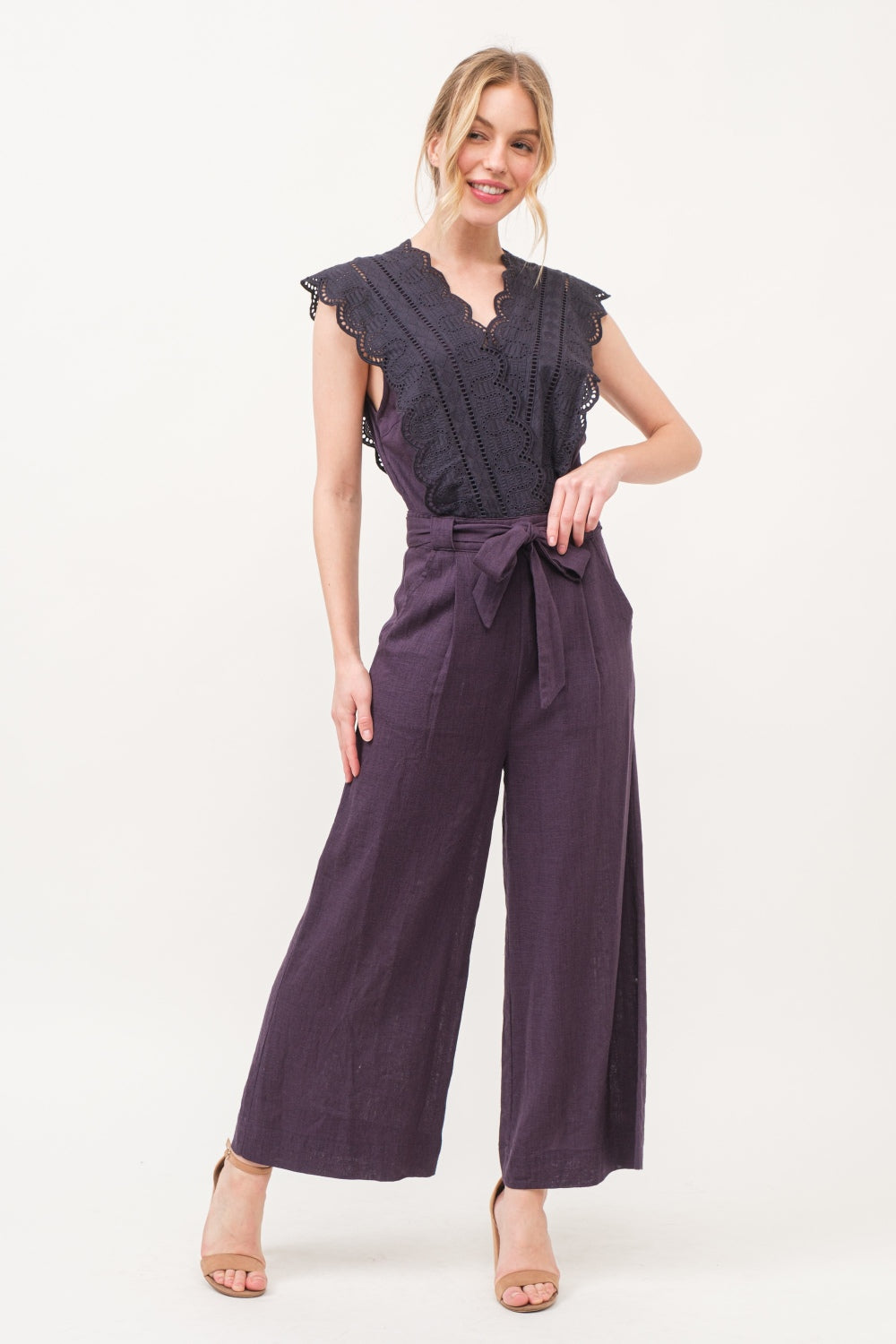 And The Why Laced Surplice V-Neck, Tie Waist Jumpsuit in Deep Purple