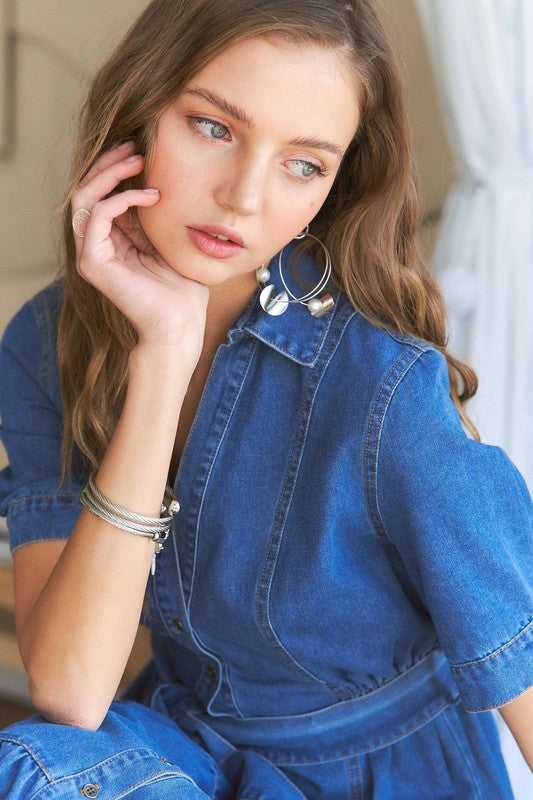 ADORA Cotton Tiered Button Down Tie Waist Short Sleeve Denim Dress