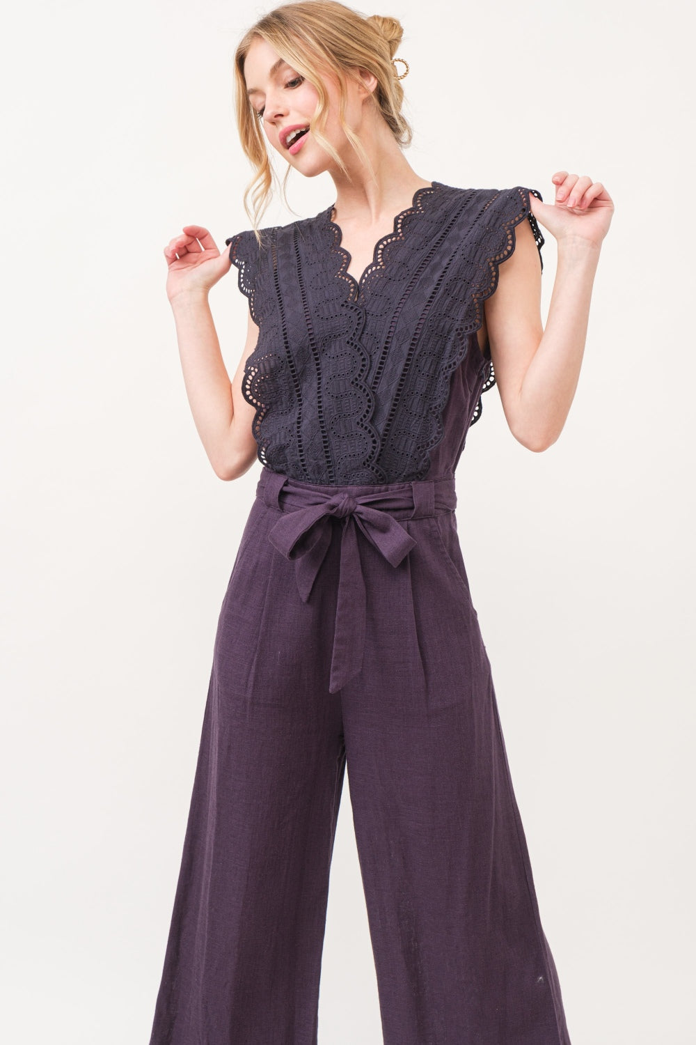 And The Why Laced Surplice V-Neck, Tie Waist Jumpsuit in Deep Purple
