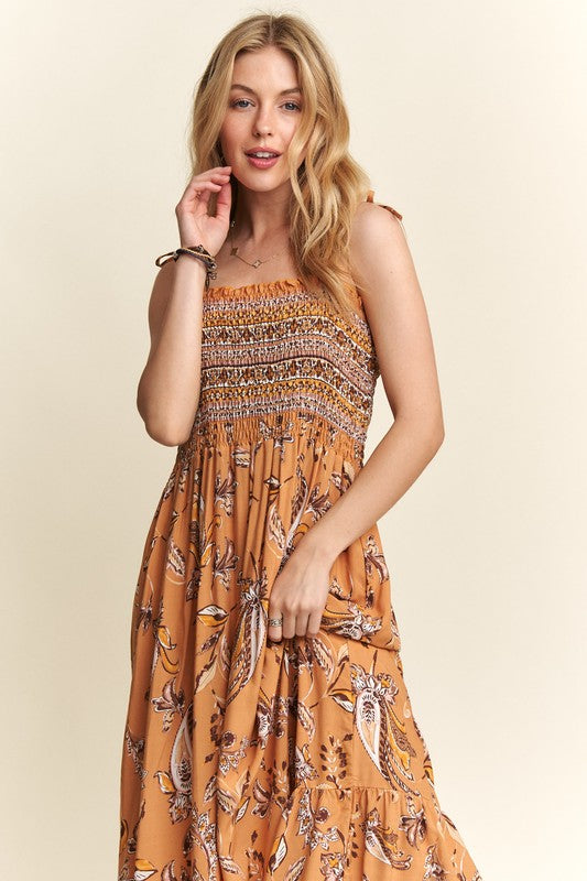 ADORA Smocked Printed Square Neck Tie Shoulder Cami Maxi Dress