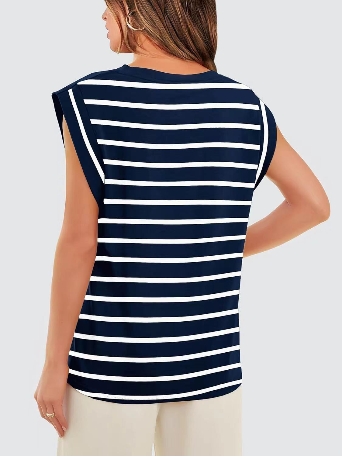 Striped Round Neck Cap Sleeve Nautical Feel Vacation Summer T-Shirt Many Color Options