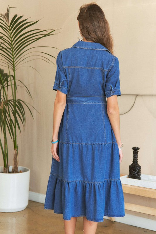 ADORA Cotton Tiered Button Down Tie Waist Short Sleeve Denim Dress