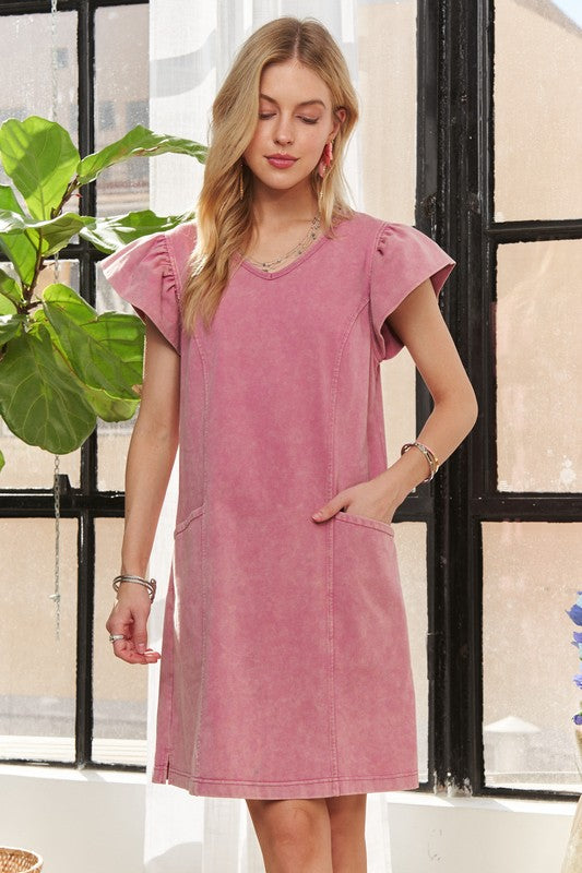 ADORA Cotton Mineral Washed V-Neck Ruffled Cap Sleeve with Pockets Dress
