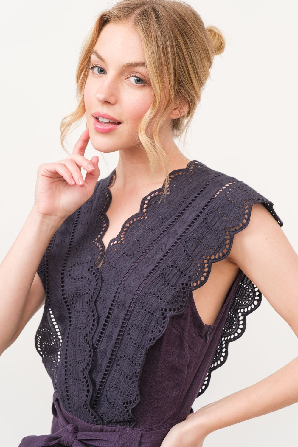 And The Why Laced Surplice V-Neck, Tie Waist Jumpsuit in Deep Purple