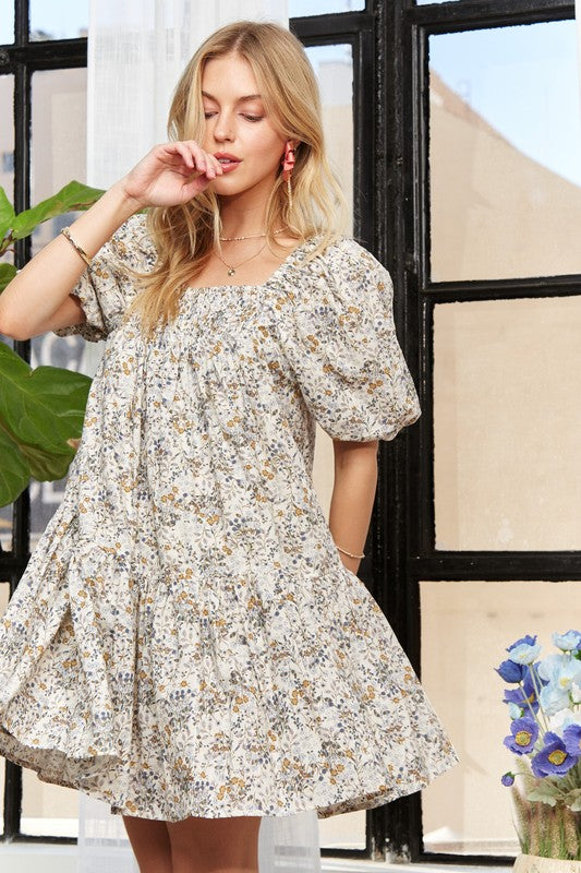 ADORA Cotton Floral Square Neck Puff Sleeve Dress