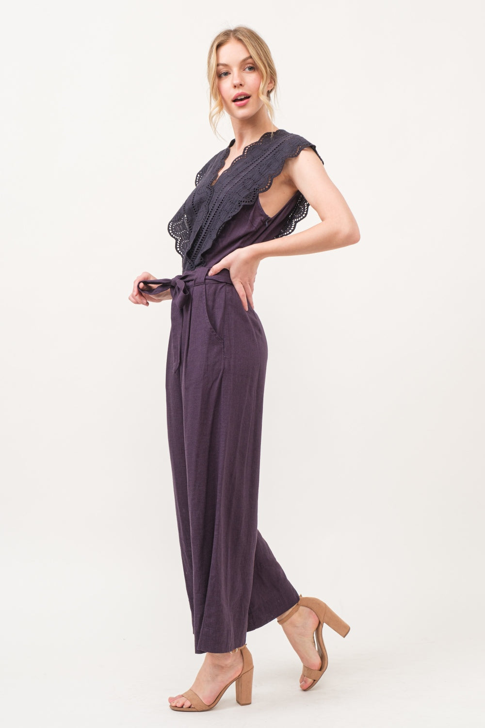 And The Why Laced Surplice V-Neck, Tie Waist Jumpsuit in Deep Purple