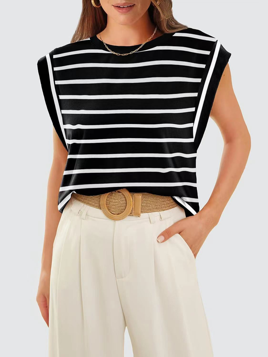 Striped Round Neck Cap Sleeve Nautical Feel Vacation Summer T-Shirt Many Color Options