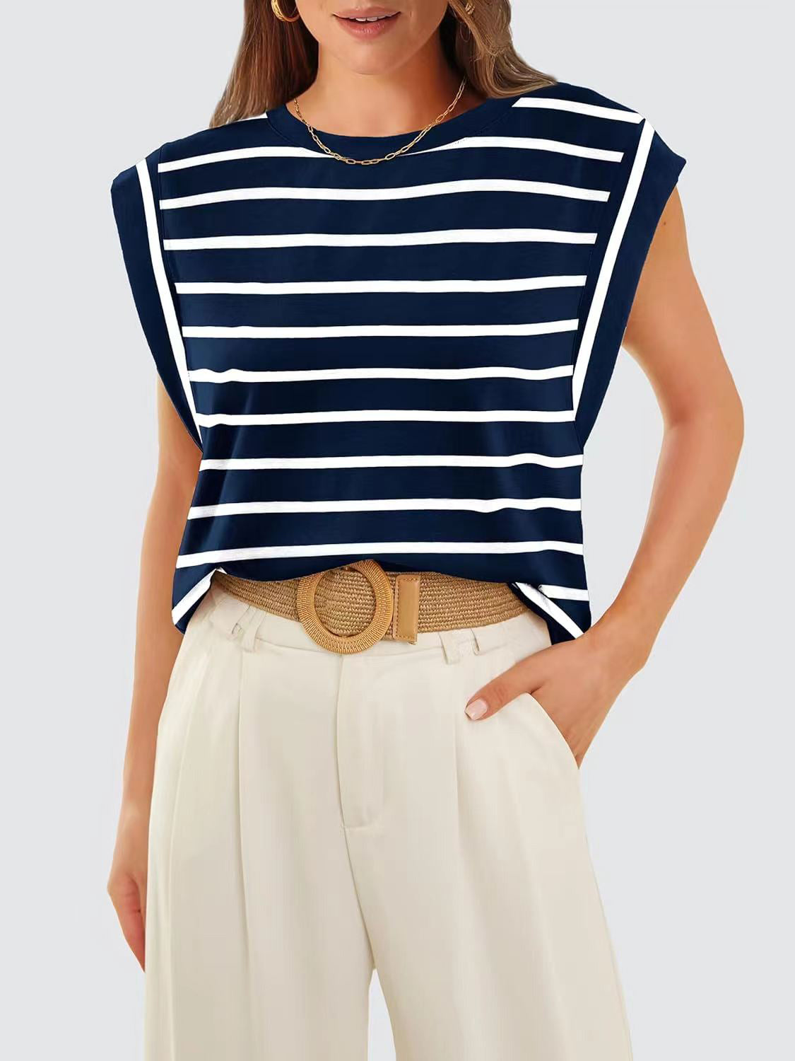 Striped Round Neck Cap Sleeve Nautical Feel Vacation Summer T-Shirt Many Color Options