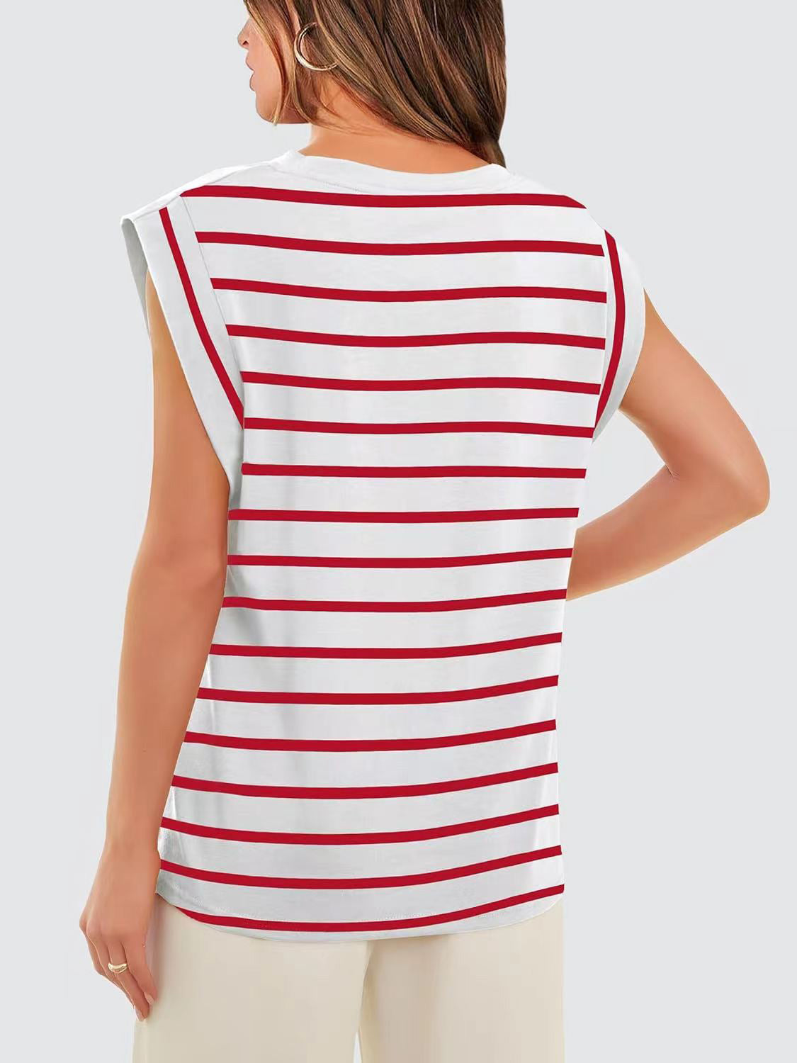 Striped Round Neck Cap Sleeve Nautical Feel Vacation Summer T-Shirt Many Color Options