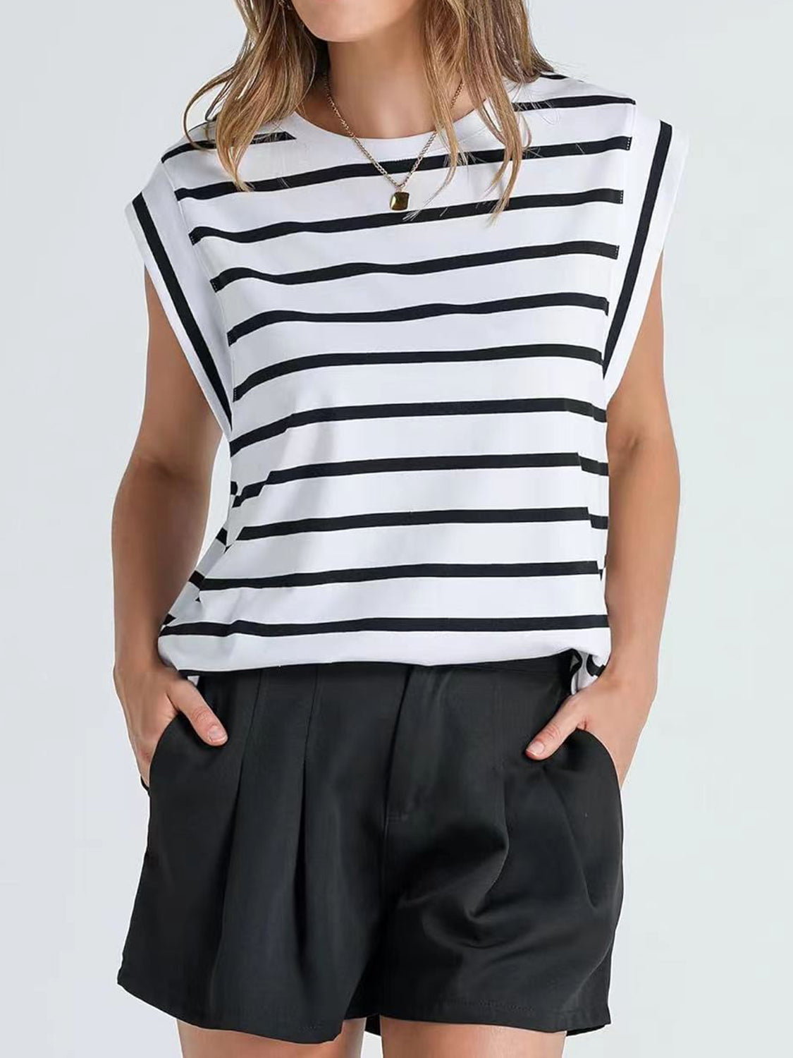 Striped Round Neck Cap Sleeve Nautical Feel Vacation Summer T-Shirt Many Color Options