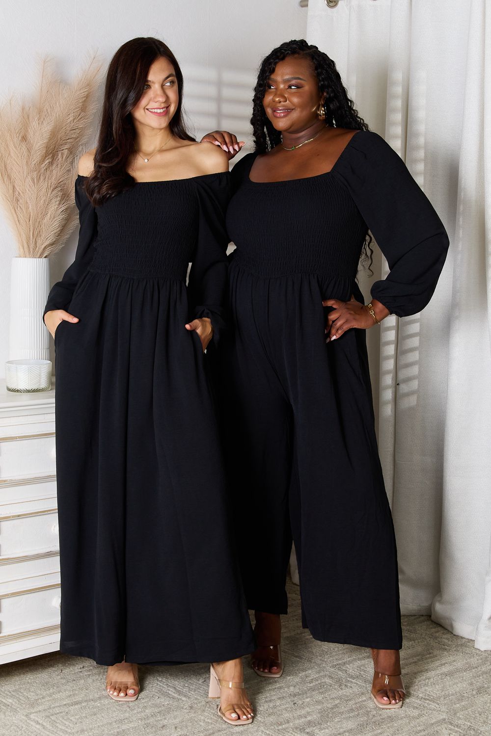 Double Take Black Square Neck Smocked Jumpsuit with Pockets