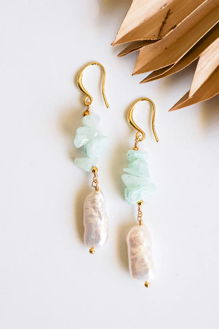 Stacked Rocks Pearl Earrings Natural Stone Aquamarine with Fresh Water Pearls