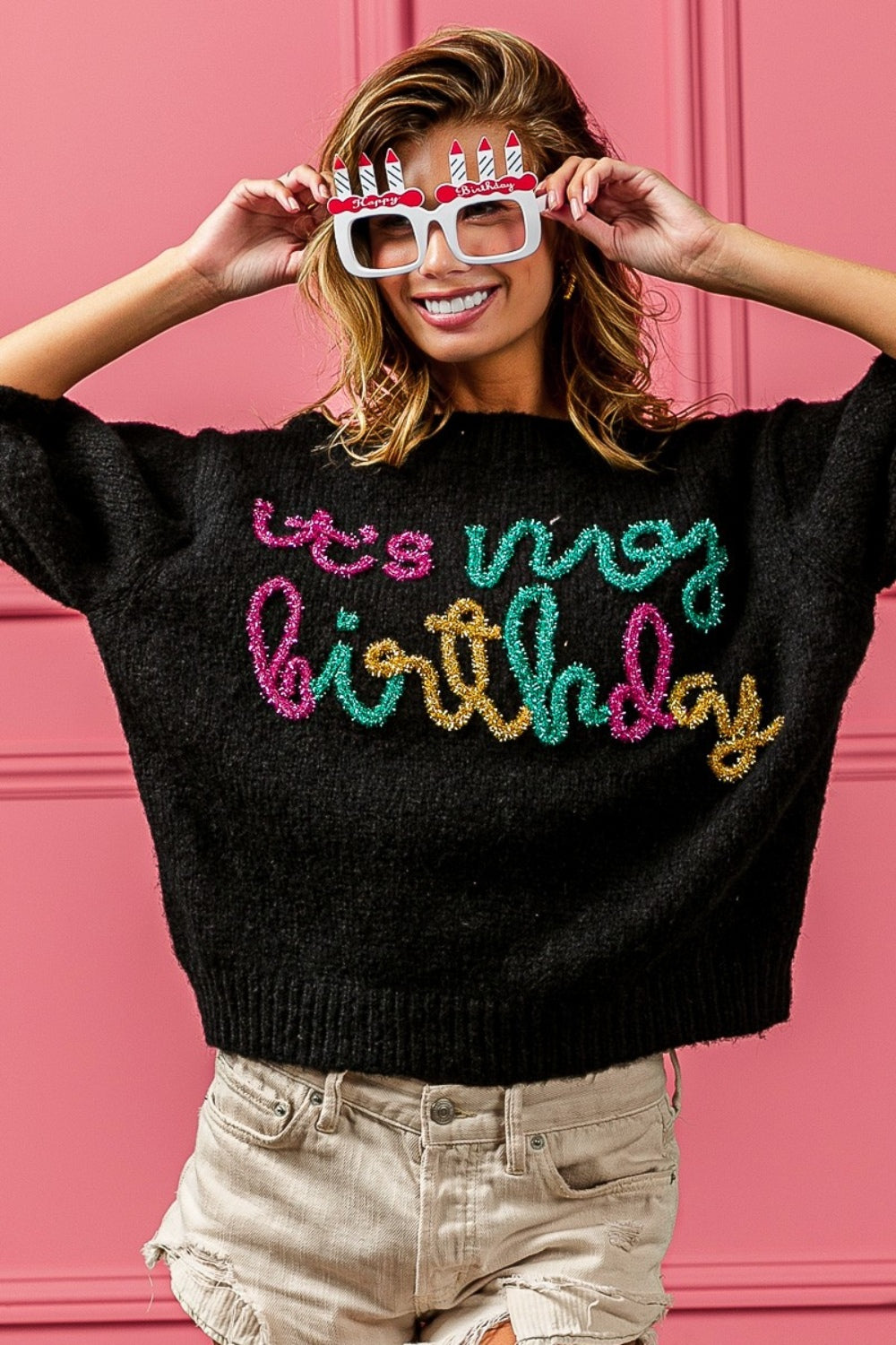 BiBi It’s My Birthday!Metallic Letter Puff Sleeve Sweater