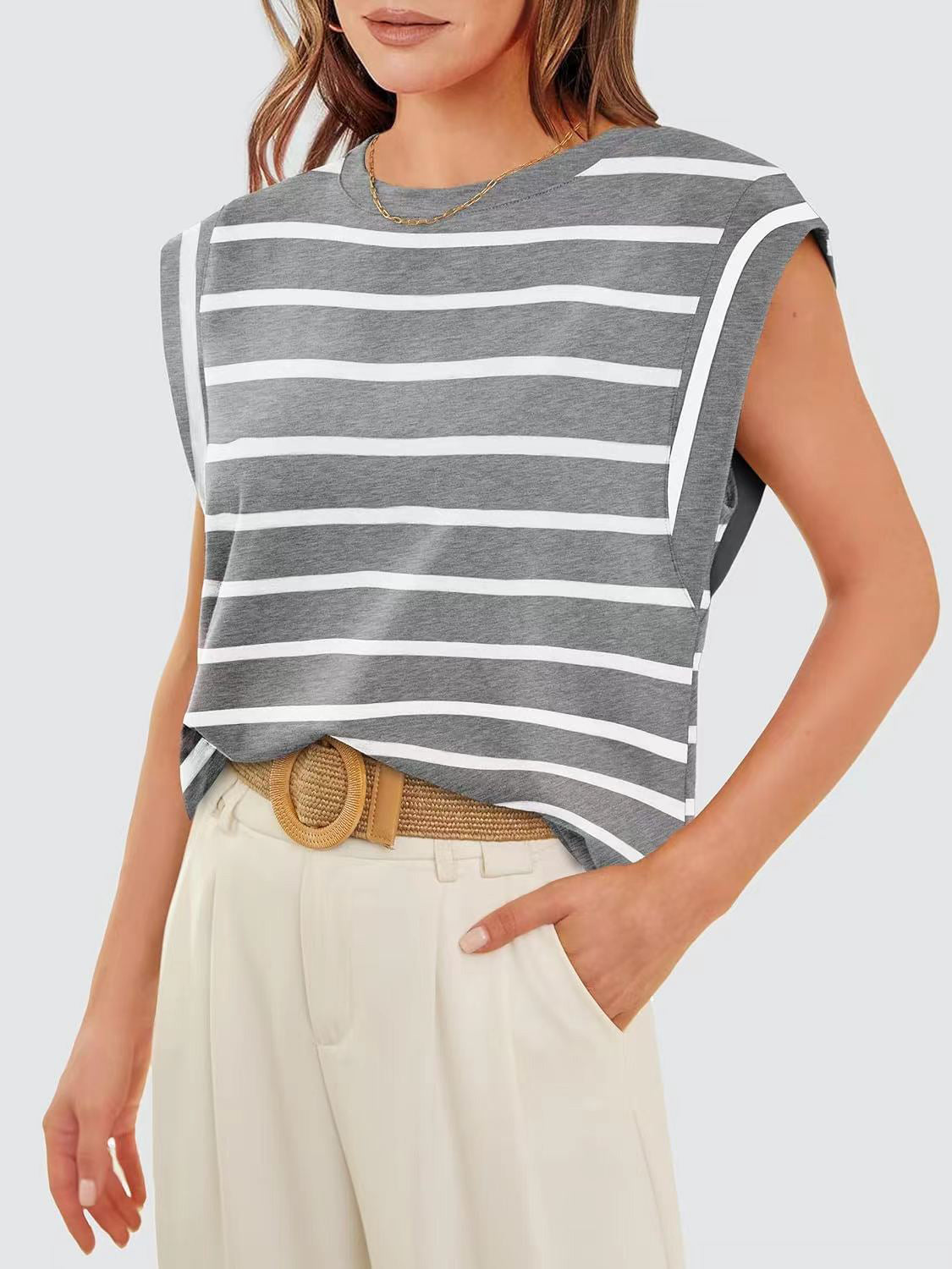 Striped Round Neck Cap Sleeve Nautical Feel Vacation Summer T-Shirt Many Color Options