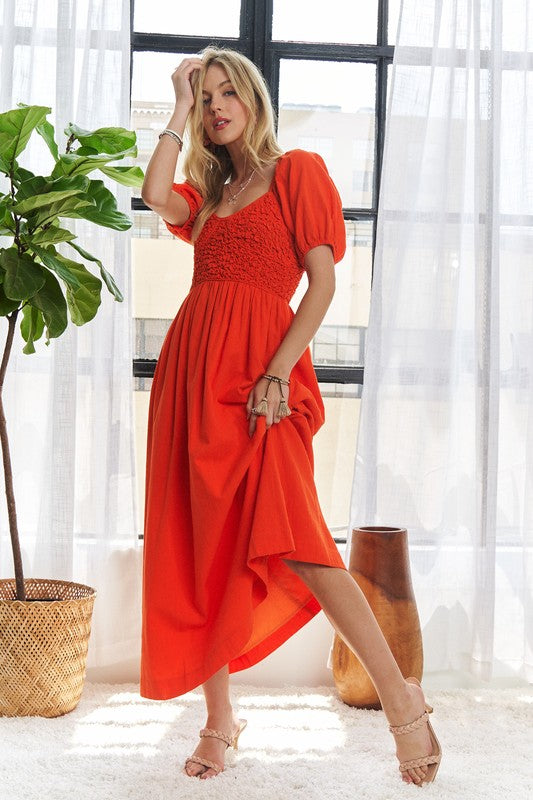 ADORA Popcorn Smocked Puff Sleeve Cotton Dress