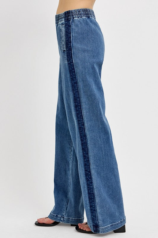 RISEN Comfy Relaxed Elastic Waist Wide Leg Jeans