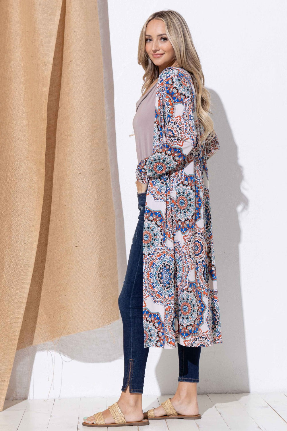 And The Why Printed Kaleidescope Kimono Open Front Longline Cardigan