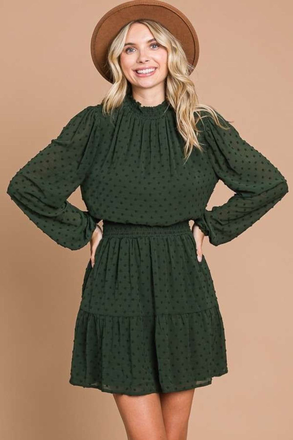 Culture Code Swiss Dot Smock Neck Mini Dress with Pockets in Dark Green