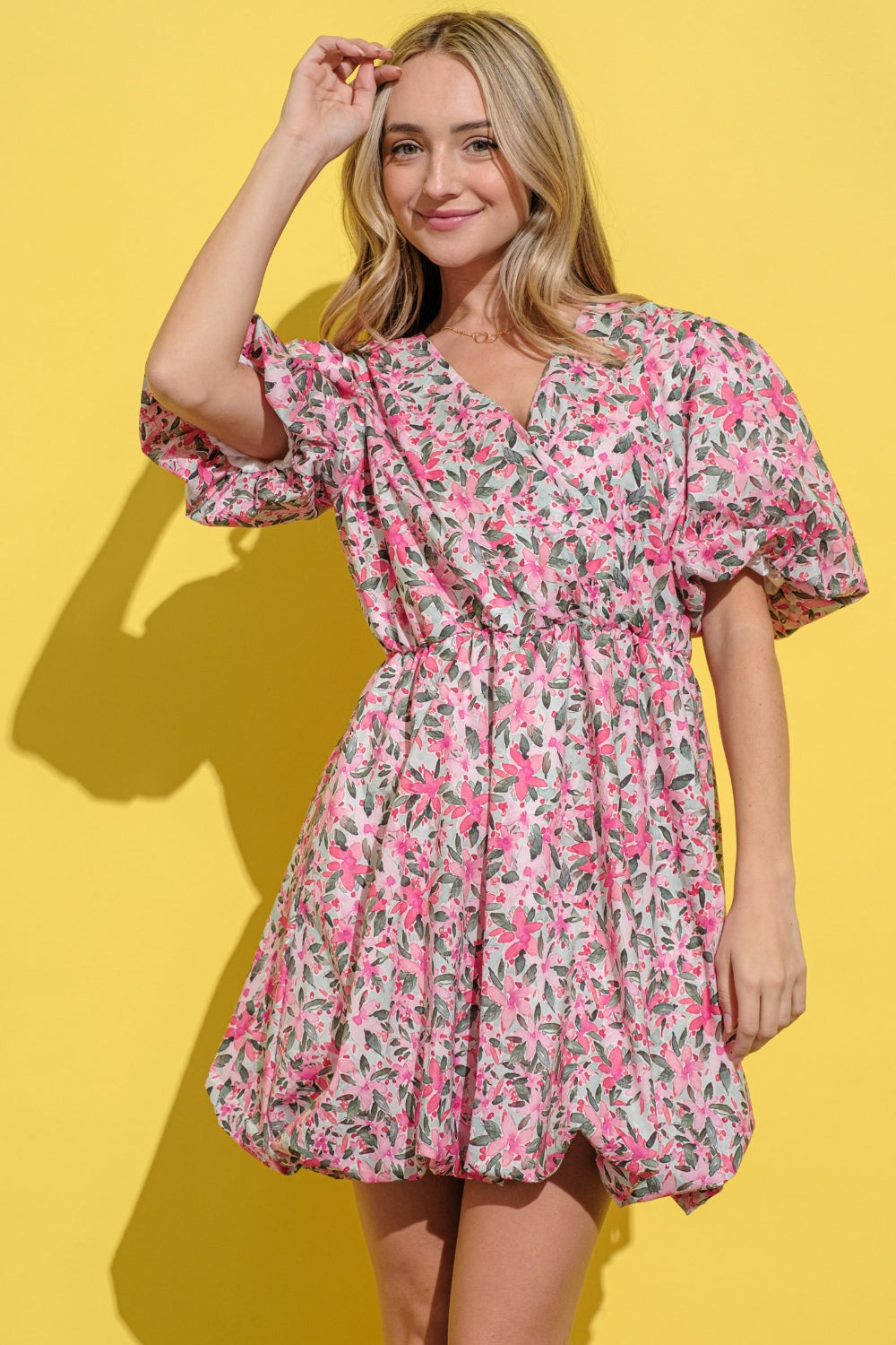 And The Why Floral Surplice Puff Sleeve Bubble Dress