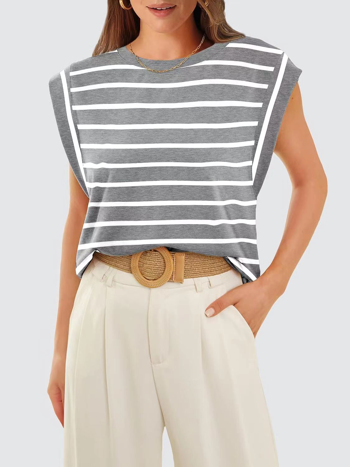 Striped Round Neck Cap Sleeve Nautical Feel Vacation Summer T-Shirt Many Color Options