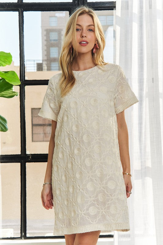 ADORA Applique Round Neck Short Sleeve Shift Dress Cotton