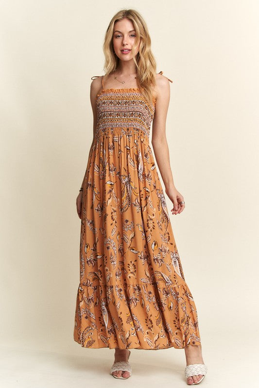 ADORA Smocked Printed Square Neck Tie Shoulder Cami Maxi Dress