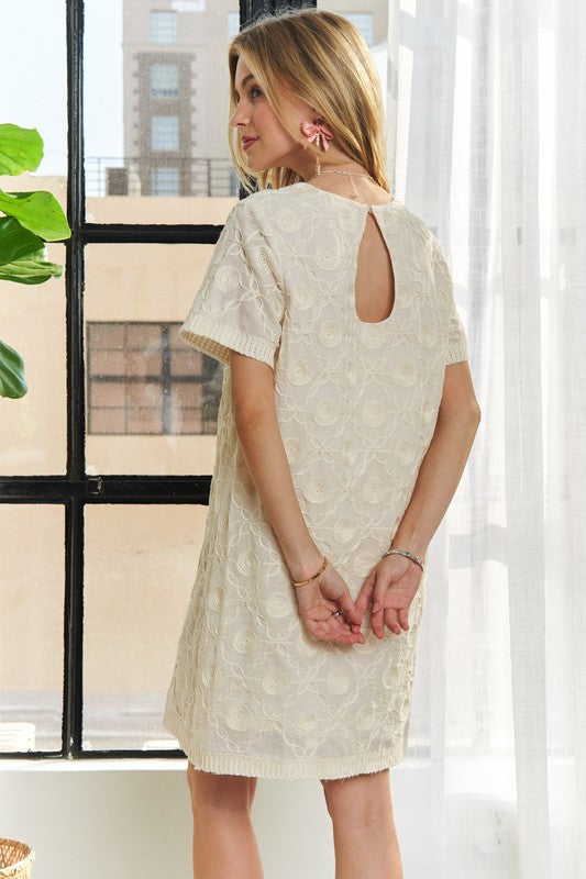 ADORA Applique Round Neck Short Sleeve Shift Dress Cotton