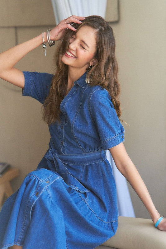 ADORA Cotton Tiered Button Down Tie Waist Short Sleeve Denim Dress