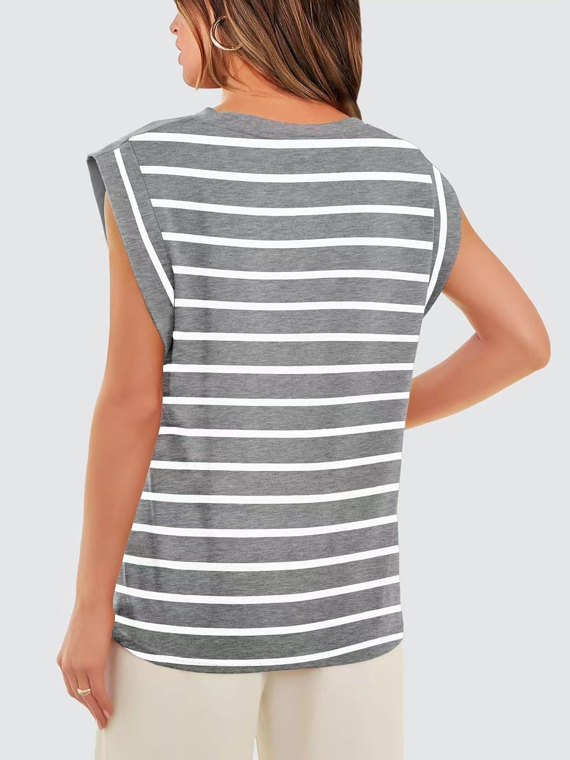 Striped Round Neck Cap Sleeve Nautical Feel Vacation Summer T-Shirt Many Color Options