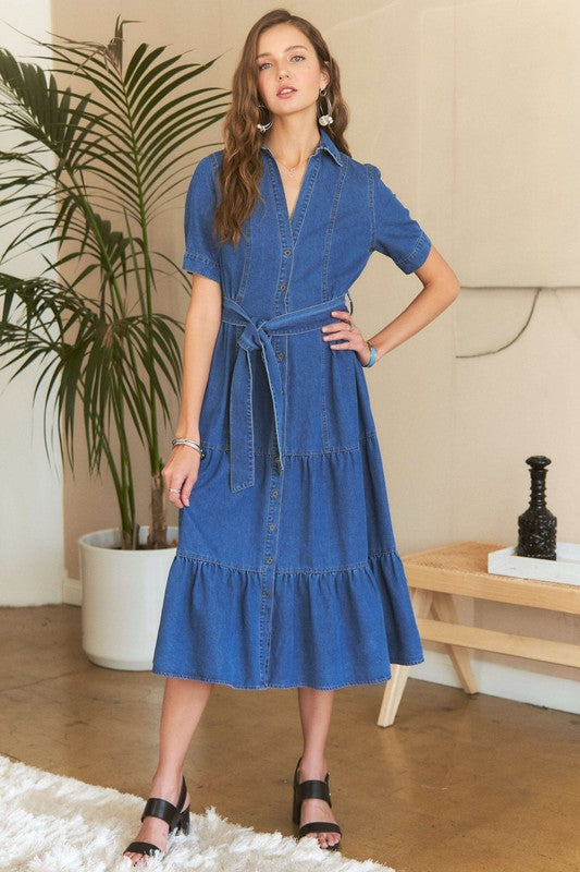 ADORA Cotton Tiered Button Down Tie Waist Short Sleeve Denim Dress