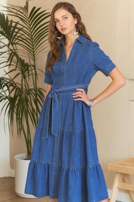 ADORA Cotton Tiered Button Down Tie Waist Short Sleeve Denim Dress