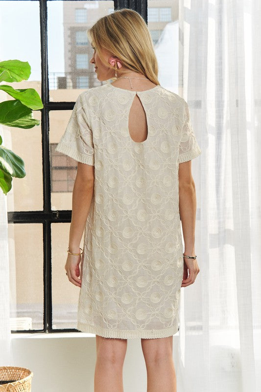 ADORA Applique Round Neck Short Sleeve Shift Dress Cotton